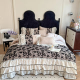 4Pcs French Vintage Princess Style Embroidered Chiffon Lace Ruffle Luxury Bedding Set Queen Size Quilt Cover 200X230