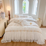 4/6Pcs Vintage French Pleated Pastoral Style Lace Ruffles Embroidery Bedding Set Duvet Cover Set Bedspread Bed Skirt Pillowcases