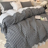 4/6Pcs Black&white Plaid 100% Cotton Bedding Set Romantic Lace Ruffles Washed Cotton Duvet Cover Bed Skirt Bedspread Pillowcases