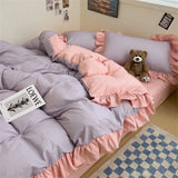 Princess Style Bedding Set Soft Solid Color Ruffle Duvet Cover Set Comforter Pillowcase Bed Sheet Washed Cotton Four Pieces Set