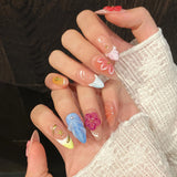 10pcs 3D Handmade False Almond Nails Press On Nails Crystal Flower Carved Decoration Gradient French Long Nude Pink Fake Nails
