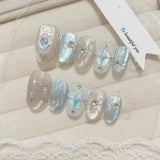 24pcs Oval Press on Nails Tips Spring Summer Aurora Rhinestone Full Cover Nail Sets Blue Cat's Eye False Nail Wearable Fake Nail