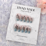 Blue Plaid French Style Fake Nails Y2K Star Diamond Designs Almond Press on Nails Sweet Girls Wearable False Nails Tips 24Pcs