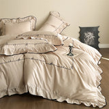 Luxury Egyptian Cotton French Princess Wedding Bedding Set Ruffles Black Edge Jacquard Duvet Cover Bed Sheet Pillowcases