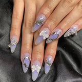 24Pcs/Box Shiny Cute False Nails French Almond Nails Simple Heart Design Sweet Press on Nails Full Cover Wearable Manicure Art