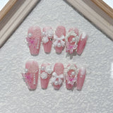 10Pcs Handmade Press on Nails Long Coffin Love Rhinestone Bow Design Fake Nails French Ballerina Wearable Full Cover Nail Tips