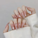 10pcs Handmade Pink Gradient Cat's Eye Fake Nails With Pearl Diamond Decor Butterfly Charming False Nails Press On Acyrlic Nails
