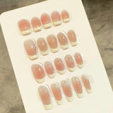 Ballet Milk White French Handmade False Nails Wearable Almond Blush Gradient Fake Nails With Flash Glass Cat's Eye Designs 10pcs