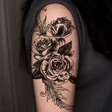 1pc Rose Floral Temporary Tattoo, Waist Fake Tattoo Sticker, Black Flower Waterproof Tattoo Decal For Men & Women
