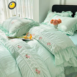 Korean Princess Style Lace Ruffles Wedding Bedding Set Seersucker Washed Cotton Soft Duvet Cover Set Bed Sheet Pillowcase 3/4Pcs