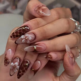 Almond Press on Fake Nails 3D Ripple Star False Nails Blue Smudge Detachable Full Cover Nails Tips 3D Shell Pearl Acrylic Nail