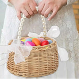 Wicker Flower Basket with Handle Pearl Handle Bow Ribbon Wedding Petal Basket Romantic Wedding Decor Handwoven Easter Basket