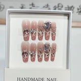 10Pcs Handmade Press on Nails Long Coffin Love Rhinestone Bow Design Fake Nails French Ballerina Wearable Full Cover Nail Tips