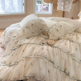 Three-layer Floral Embroidered Lace Ruffles 1000TC Egyptian Cotton Bedding Set Duvet Cover Flat/Fitted Bed Sheet Pillowcase 4Pcs