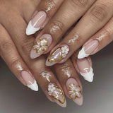 24Pcs French Y2K Sweet Cool Press on Nails Almond False Nails Metal Line Fake Nails Shiny Diamond Nail Black Heart Wearable Nail