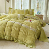 Korean Style Bed Set Seersucker Flower Embroidery Four Piece Set With Lace Bed Flat Sheet Pillowcase Duvet Cover Set Textiles
