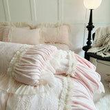 Pink Princess Style Pleated Lace Ruffles Carved Velvet Warm Soft Bedding Set Duvet Cover Flat/Fitted Bed Sheet Pillowcases 4Pcs