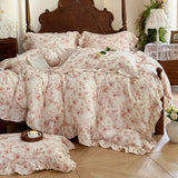 Vintage Oil Painting Style Flowers Ruffles Bedding Set Double Layer Yarn 100% Cotton Duvet Cover Flat/Fitted Sheet Pillowcases