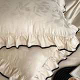 Luxury Egyptian Cotton Flowers Jacquard Bedding Set Vintage Ruffle Duvet Cover Black Piping, Bed Sheet/Fitted Sheet Pillowcases