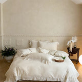 Vintage French Flowers Lace Ruffles Natural Cotton Linen Jacquard Bedding Set Duvet Cover Flat/Fitted Bed Sheet Pillowcases 4Pcs
