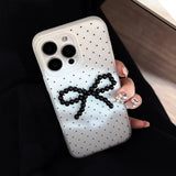 Ins Korean Polka Dot 3D Black Bead Bowknot Phone Case for iPhone 16 15 14 13 12 Pro Max Translucent Matte Back Cover Funda