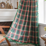 Christmas Grid Curtains Road Pocket Shade Curtain for Tassel Kitchen Bedroom Room Living Bay Window Cabinet Curtain