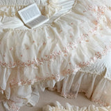 4Pcs Romantic Double Layer Lace Princess Wedding Bedding Set 100% Cotton Duvet Cover Bed Sheet Or Quilted Bedspread Pillowcases