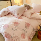 Pink Vintage Rose Flowers Embroidery 100% Cotton Bedding Set Single Queen King Duvet Cover Bed Sheet/Fitted Sheet Pillowcases
