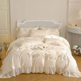 Rose Flowers Embroidery Lace Ruffles Bedding Set Lyocell Cotton Soft Silky Cooling Duvet Cover Flat/Fitted Bed Sheet Pillowcases