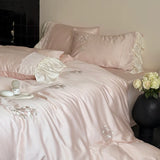 600TC Lyocell Bamboo Fiber Soft Silky Bedding Set Flowers Embroidery Lace Duvet Cover Flat/Fitted Bed Sheet Pillowcases 3/4Pcs