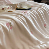 Rose Flowers Embroidery Bedding Set 800TC Lyocell Cotton Soft Silky Cool Feeling Duvet Cover Flat/Fitted Bed Sheet Pillowcases