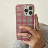 Cute Dopamine Color Block Match Plaid Clear Phone Case for iPhone 16 15 14 13 12 11 Pro Max 7 8 Plus X XS Pink Tartan Soft Cover
