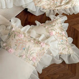 1000TC Egyptian Cotton Bedding Set Duvet Cover Flat/Fitted Bed Sheet Pillowcases, Floral Embroidery Ruffles Luxury Bed Linens