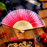 Retro Chinese Style Folding Fan Bamboo Wooden Silk Dance Fan with Tassel Female Wedding Party Performence Hand Held Fan Props