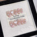 10Pcs Sweet  Almond Press on Nails Blue French Gradient Cat Eye False Nails Pink Bow Pearl Rhinestone Fake Nails for Daily Party