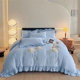 Flowers Embroidery Ruffles Thickened Soft Warm Velvet Bedding Set Queen King Size Plush Duvet Cover Set Bed Sheet Pillowcases