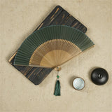 Retro Chinese Style Folding Fan Bamboo Wooden Silk Dance Fan with Tassel Female Wedding Party Performence Hand Held Fan Props
