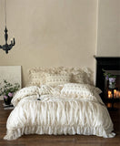 4Pcs Vintage French Pure Cotton Rose Print Pleated Lace Ruffles Bedding Set Queen King Size Duvet Cover Set Bed Sheet Pillowcase