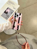 Pink Stripe leather strap Bracelet Phone Case For Iphone 16ProMax 13 14 15 16 Pro Max 16Pro 15ProMax 15Pro 14Pro Cover Fundas