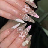10Pcs Handmade Press on Nails Full Cover 3D Bow Ties Design Art French Pearl Camellia Almond Acrylic Fake Nail Wearable Manicure