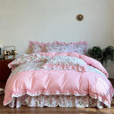 100% Cotton Korean Princess Style Rose Floral Plaid Ruffles Bedding Set Queen King Size Duvet Cover Bed Sheet Pillowcases 4Pcs