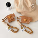Vintage leather brown headset case for apple airpods 1 2 pro pro2nd 3 autume 3d love heart anti-fall rope protetctor cover