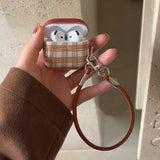 Korea lovely brown plaid soft silicone protection case with leather lanyard fall prevention for airpods 1 2 3 4 pro 2 4nd cover