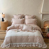 French Vintage Princess Style 4-Piece Bedding Set – Cotton Linen Blend with Lace and Bow Trim, Duvet Cover & Bedspread