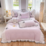 3/4Pcs Bedding Set Princess-Style Purple Bow Double-Layer Ruffles Duvet Cover Pillowcase Full-Size Queen Bed Sheet Set For Home