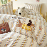 Cute Cartoon Embroidery Stripe Bedding Set Washed Cotton Soft Four Piece Sets Pillowcase Duvet Cover Set 200x230cm Home Textiles