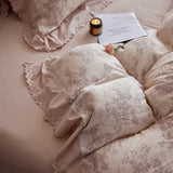 4Pcs Vintage French Flower Prints Lace Ruffles 100% Cotton Double Yarn Bedding Set Duvet Cover Flat/Fitted Bed Sheet Pillowcases