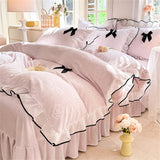 Korean Princess Style With Black Bow Lace Ruffles Pleat Milk Velvet Bedding Set Bedroom Decor Duvet Cover Bed Sheet Pillowcase