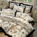 Korean Black White Hepburn Style Bedding Sets Ultra Soft Breathable Duvet Cover Set with Black Lace Fitted Sheet Set for Adults