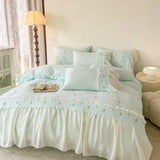 Korean Princess Style Lace Ruffles Rose Embroidery Wedding Bedding Set Duvet Cover Set Flat/Fitted Bed Sheet Pillowcases 4Pcs